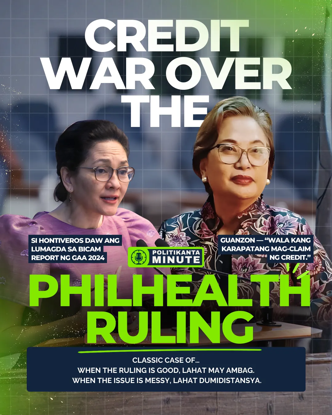 Graphic showing Risa Hontiveros and Rowena Guanzon in a political dispute about BICAM and PhilHealth-related provisions.