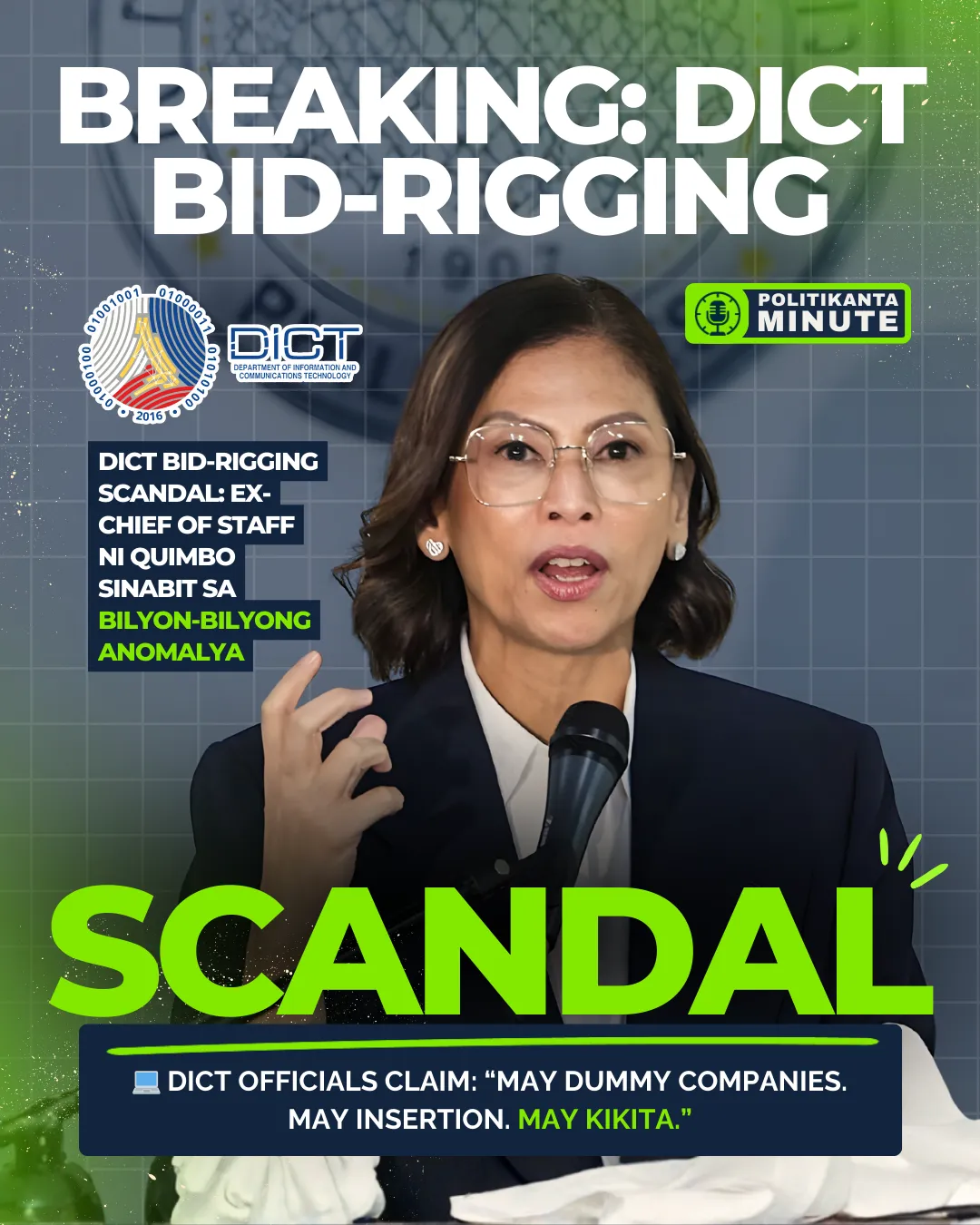 Image shows former Rep. Stella Quimbo speaking at a government hearing, wearing white and seated at a green background. Article discusses allegations of bid rigging involving her former chief of staff at the DICT.