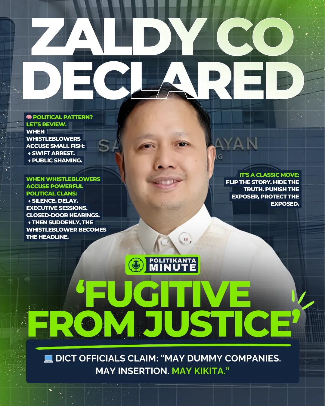 A GMA News graphic showing a black-and-white image of Zaldy Co with the headline “Sandiganbayan declares Zaldy Co as ‘fugitive from justice’ – Dec. 11 2025.”