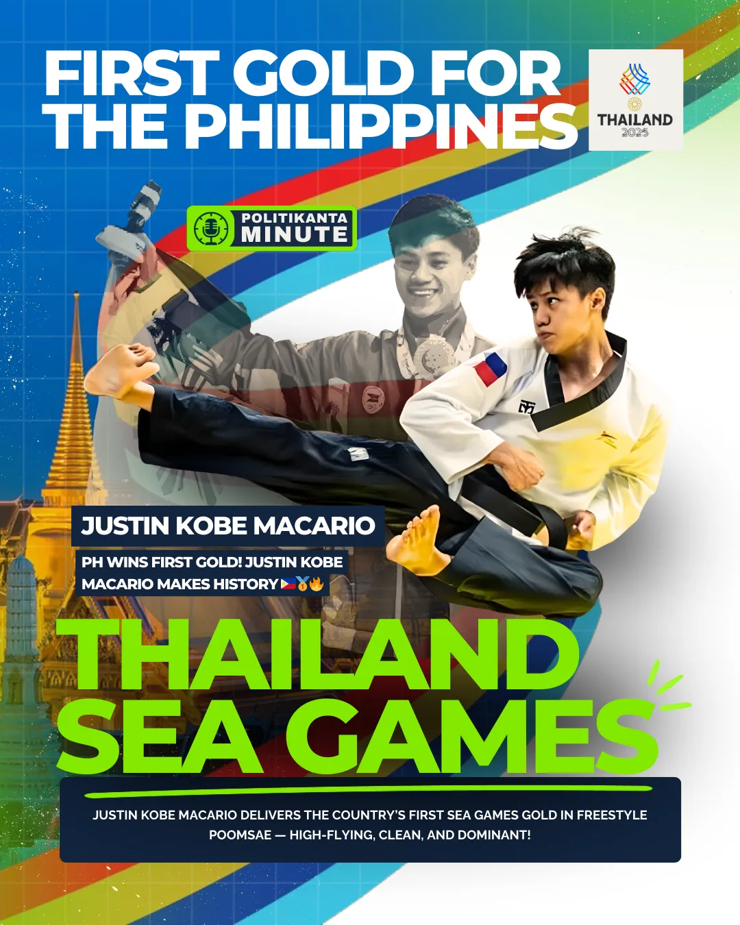 Justin Kobe Macario holding the Philippine flag while celebrating his first gold medal at the Thailand SEA Games.