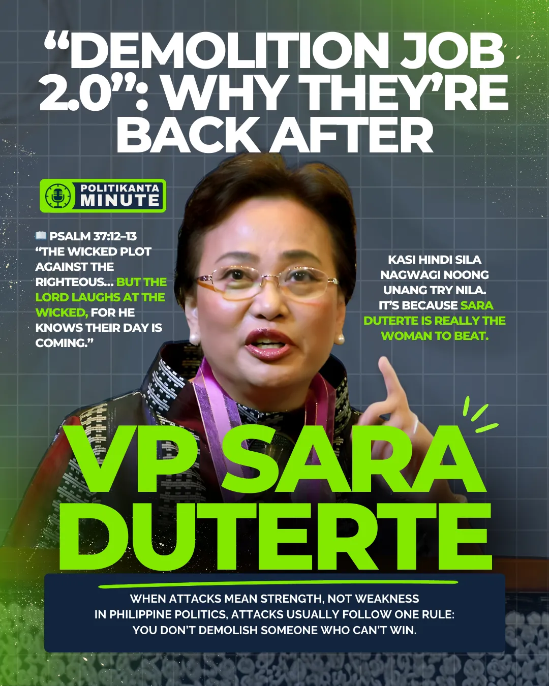 Former Comelec Commissioner Rowena Guanzon speaking during an interview, with a quote describing renewed political attacks against Vice President Sara Duterte as ‘demolition job 2.0.