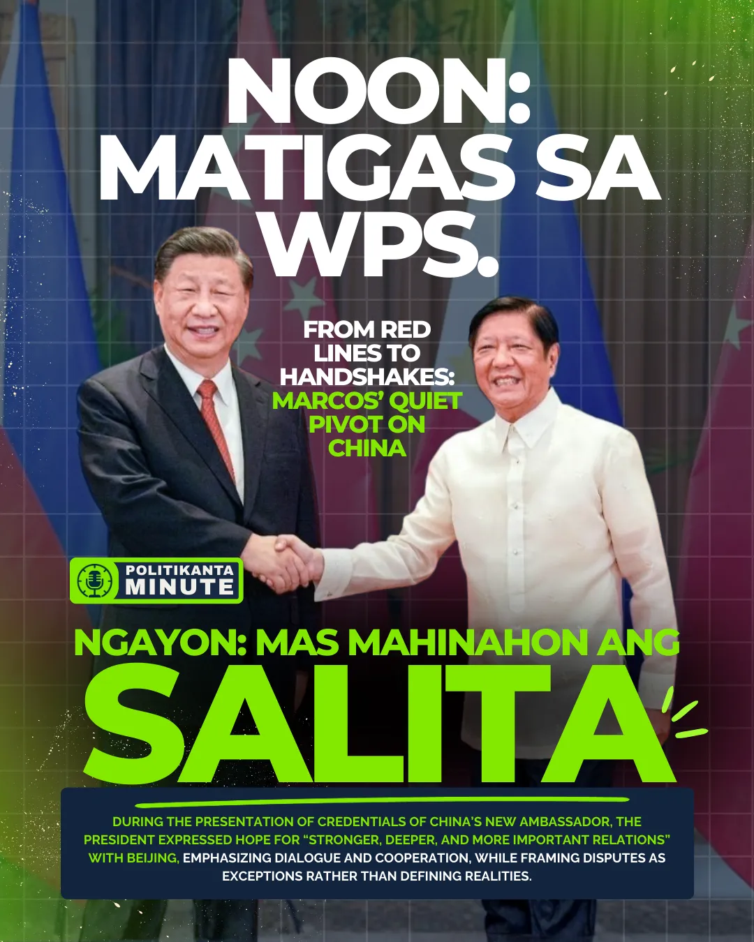 President Ferdinand “Bongbong” Marcos Jr. speaks during the presentation of credentials of the newly appointed Chinese ambassador at Malacañang Palace, as he expresses hope for stronger and deeper Philippines–China relations amid ongoing West Philippine Sea tensions.