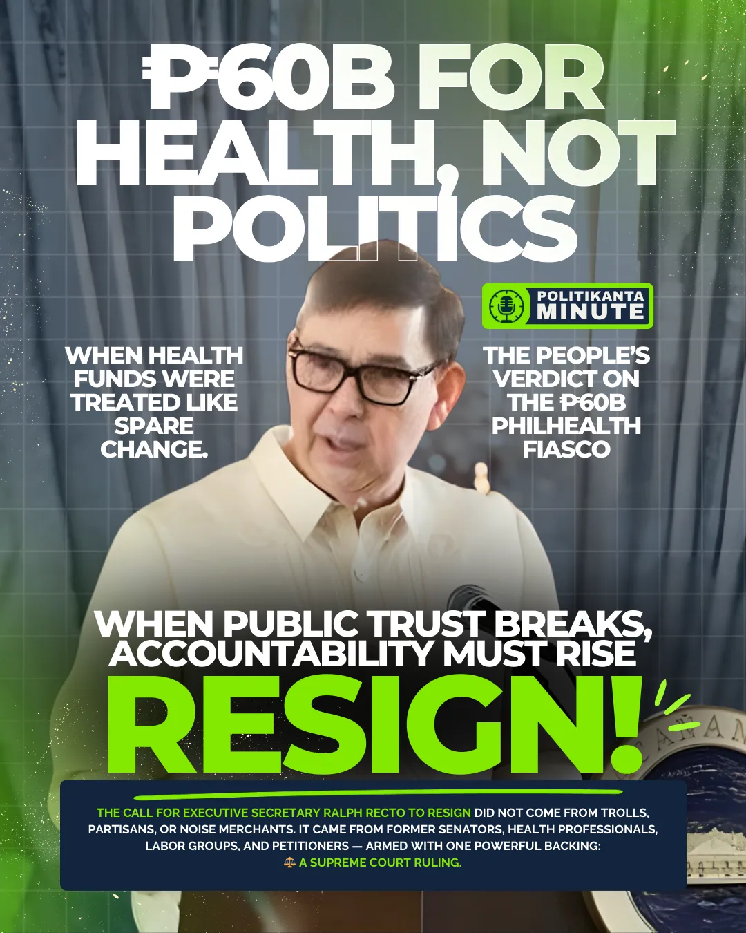 Executive Secretary Ralph Recto speaking at Malacañang as groups call for his resignation following the Supreme Court ruling ordering the return of ₱60 billion PhilHealth funds.