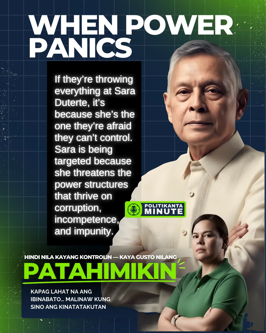 Graphic featuring Vice President Sara Duterte and former Supreme Court Justice Noel Tijam with a quote discussing political targeting, power structures, and accountability in Philippine politics.