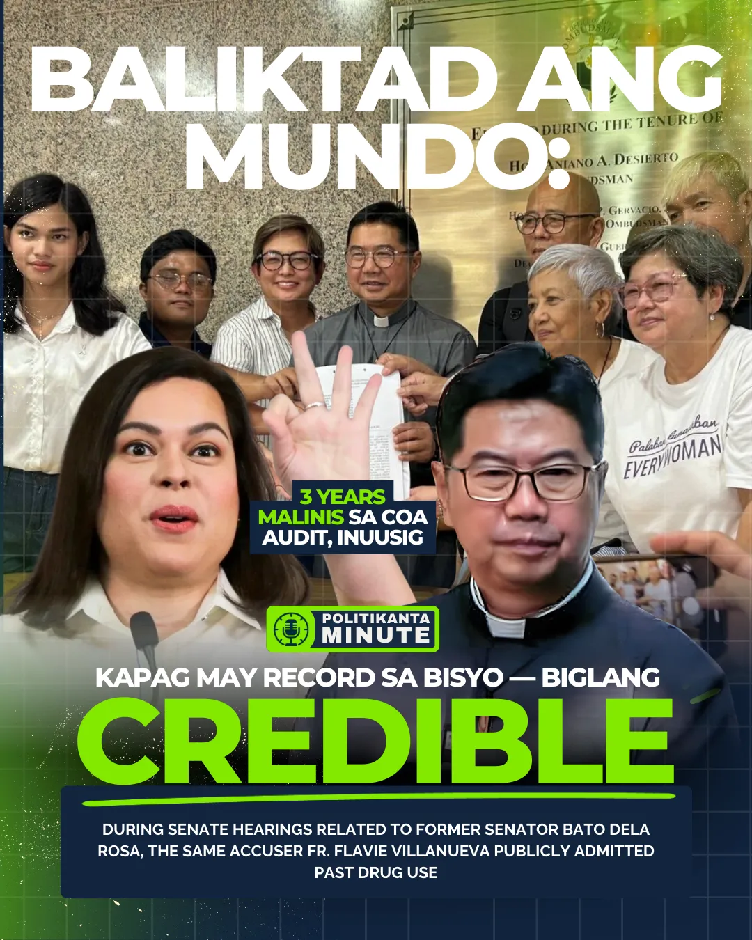 News graphic discussing allegations against Vice President Sara Duterte alongside questions on credibility, COA audit records, and selective justice concerns.