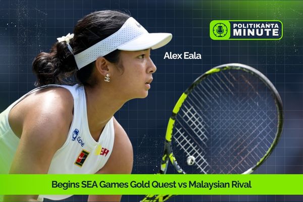 Alex Eala shouting in triumph during a tennis match, leading Filipino athletes as a flag-bearer at the 2025 SEA Games in Bangkok.