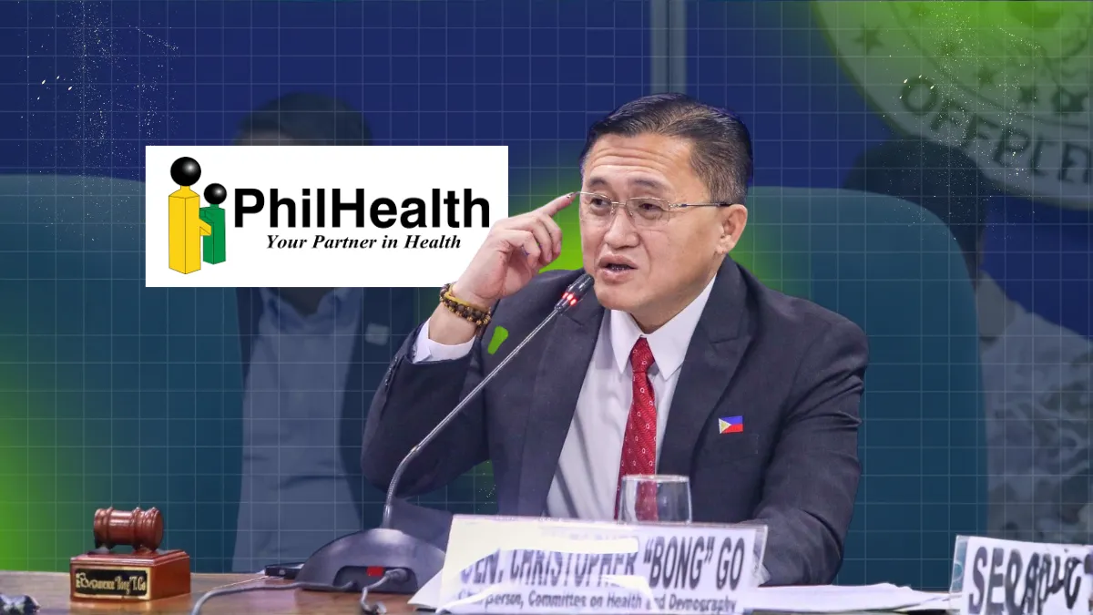Senator Bong Go speaking at a public event, calling for the release of ₱200 billion in earmarked funds to PhilHealth to strengthen universal health care.