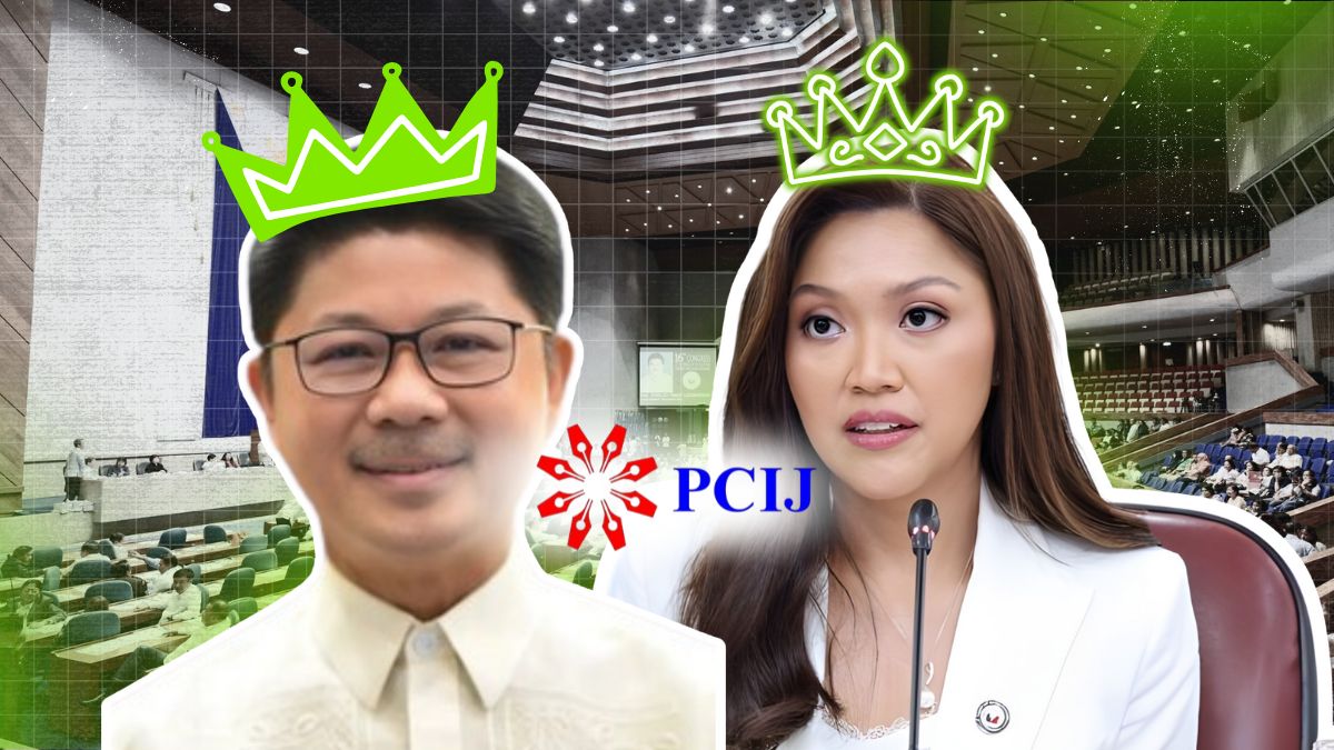 Graphic showing House Speaker Bojie Dy and Rep. Mikaela Suansing identified by PCIJ as top recipients of DPWH budget insertions for the 2026 national budget.