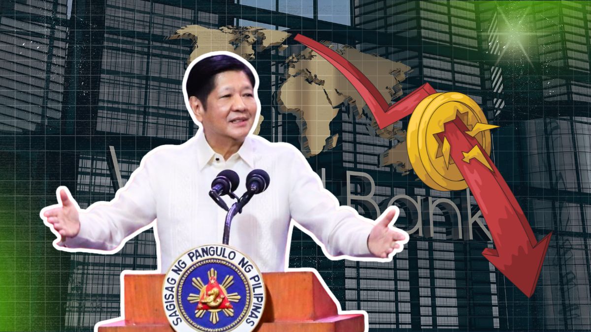 World Bank officials meeting with President Ferdinand Marcos Jr. alongside excerpts from a World Bank report warning of slowing Philippine economic growth and governance concerns.