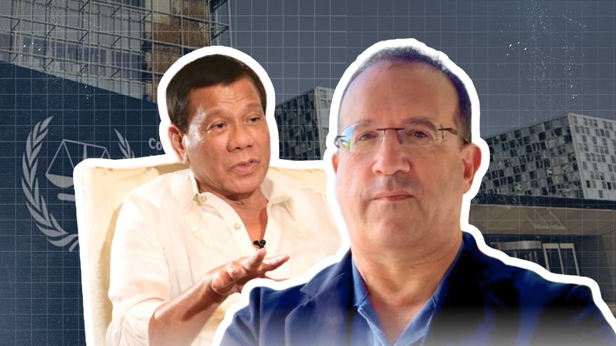 An ICC courtroom scene showing a legal representative addressing judges during a pre-trial hearing related to a high-profile international case.