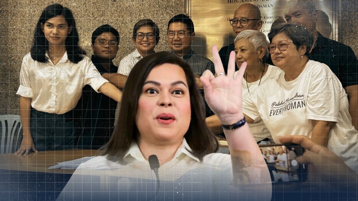 News graphic discussing allegations against Vice President Sara Duterte alongside questions on credibility, COA audit records, and selective justice concerns.