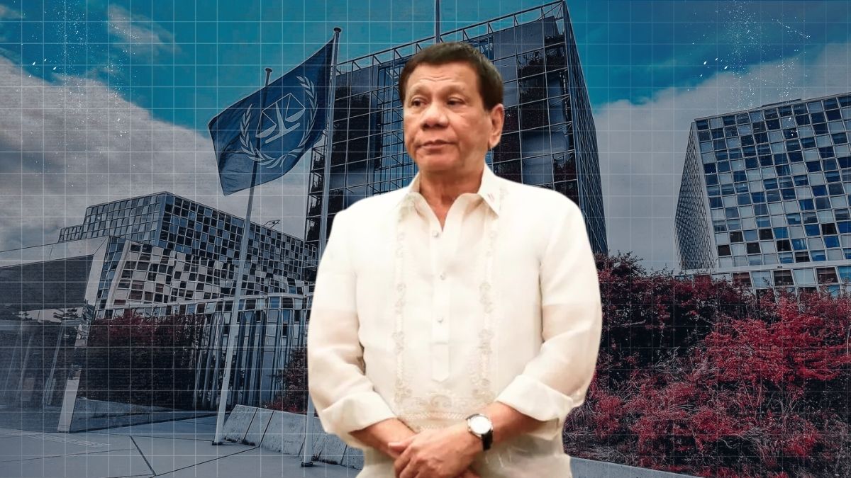 Former President Rodrigo Duterte appearing via video link during an ICC pre-trial proceeding at The Hague.