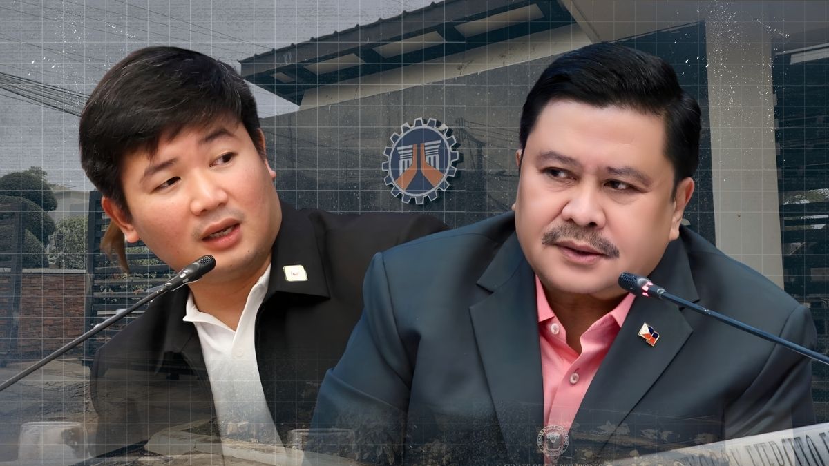 Split image of Senator Jinggoy Estrada and former DPWH engineer Brice Hernandez, alongside an Inquirer.net headline reporting the dismissal of perjury charges for lack of evidence.