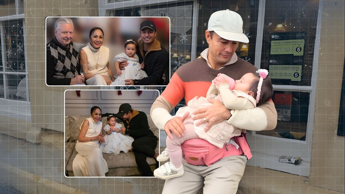 “Derek Ramsay spending Christmas in the UK while holding his daughter, Baby Lily, during a family holiday.”
