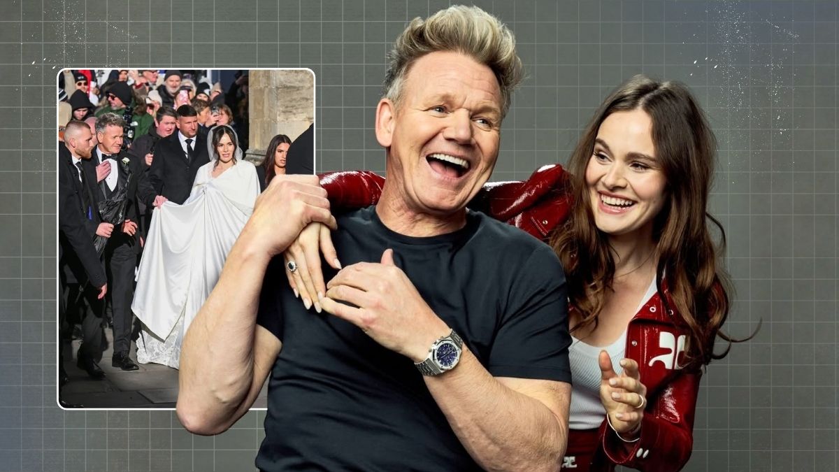 Gordon Ramsay proudly walks daughter Holly Ramsay down the aisle as she marries Olympic swimmer Adam Peaty at their wedding ceremony.