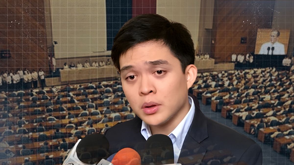 Batangas Rep. Leandro Legarda Leviste speaking to reporters during a press briefing, questioning the unexplained ₱10.5 billion increase in the House of Representatives’ 2026 budget.