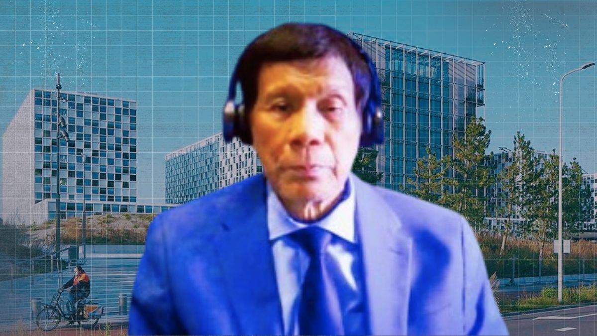 Former Philippine president Rodrigo Duterte appears seated before an International Criminal Court backdrop during a remote proceeding, as his defense submits a medical report seeking interim release.