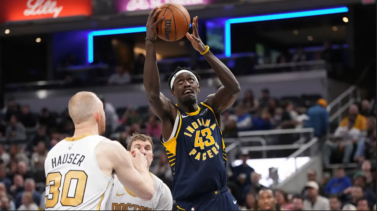 Pascal Siakam of the Indiana Pacers hits a clutch game-winning shot against the Boston Celtics during the final seconds of an NBA game.