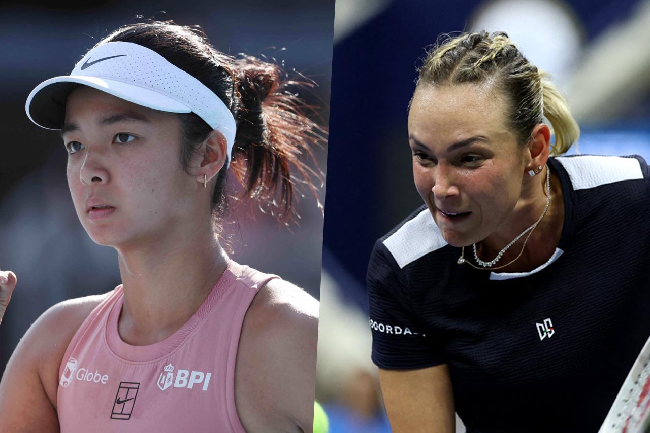 Alex Eala celebrates after winning a point during her Kooyong Classic exhibition match against Donna Vekić, where she took the first set 6–3.