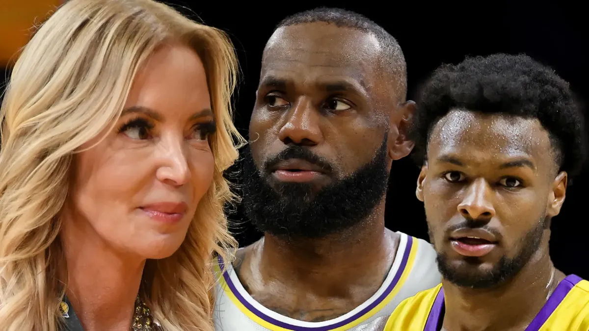 Jeanie Buss and LeBron James during a Los Angeles Lakers game amid reports addressing rumors of internal tension between team ownership and star player.
