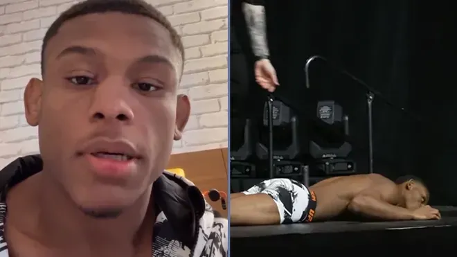 UFC fighter Cameron Smotherman collapses moments after his weigh-in in Las Vegas as medical staff rush to assist him.