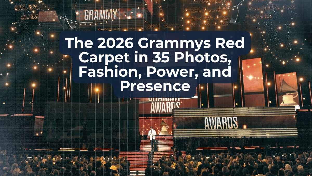 Celebrities posing on the red carpet at the 2026 Grammy Awards, showcasing a wide range of bold, elegant, and experimental fashion looks.