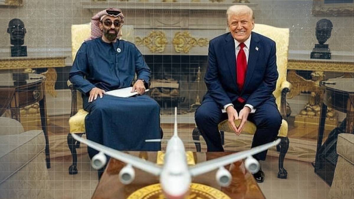 Illustration showing cryptocurrency symbols alongside imagery associated with U.S. political power and foreign business influence.