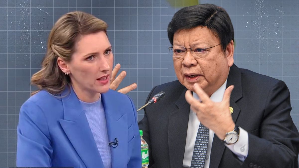 Senator Rodante Marcoleta appears in an RT International interview discussing Philippine political issues and governance.