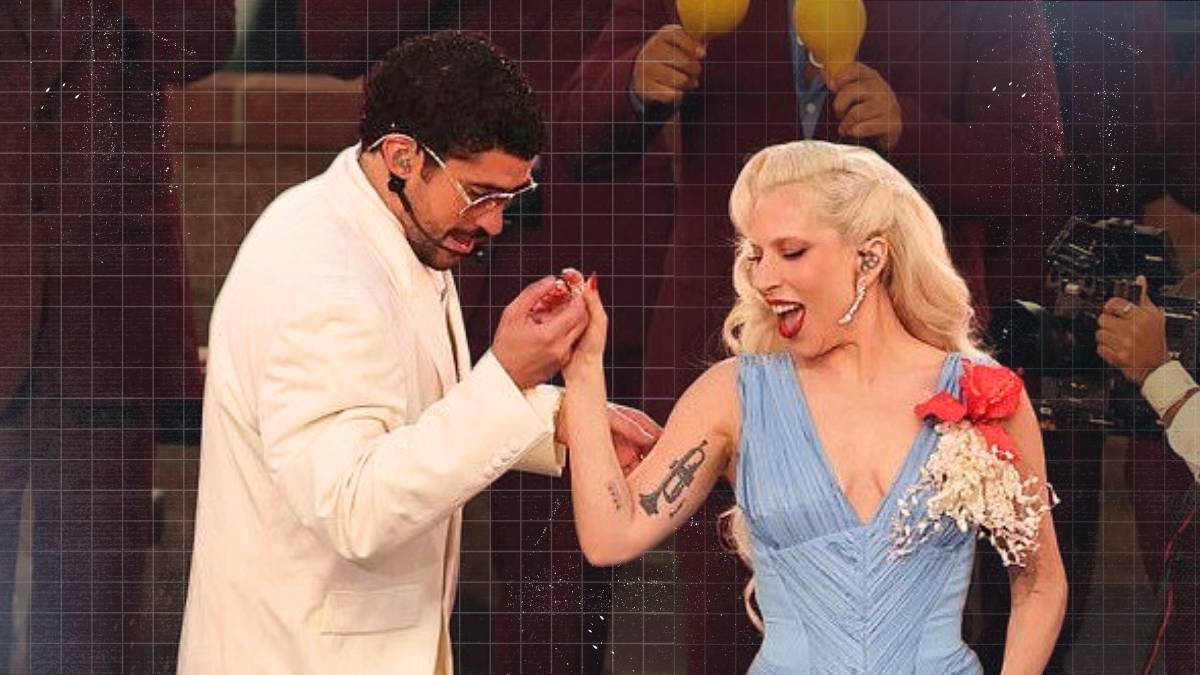 Lady Gaga performing during the Super Bowl LX halftime show with stadium lights and audience in the background, amid online discussion about her appearance.