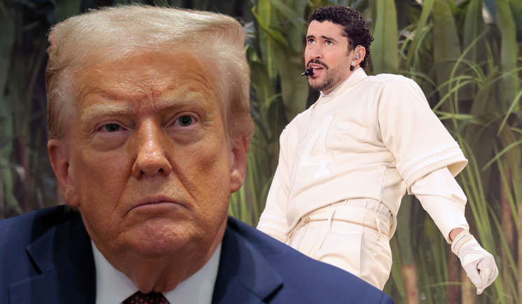 Bad Bunny performing on stage during Super Bowl LX, captured under stadium lighting amid online speculation about his sudden exit.