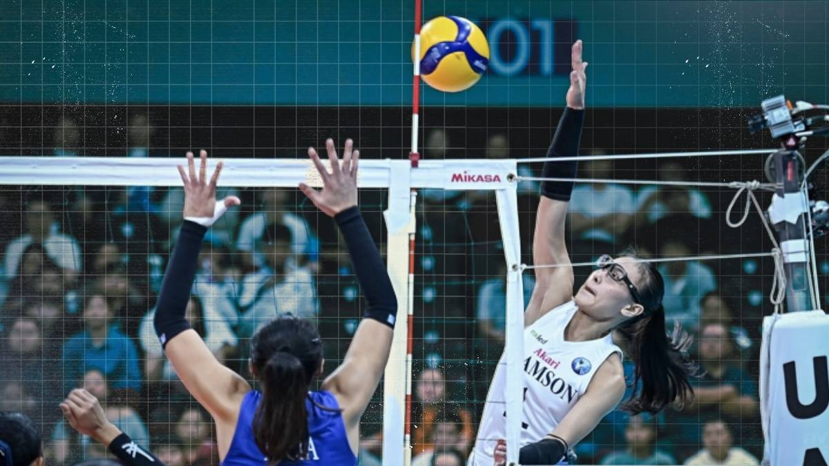 Adamson Lady Falcons celebrate after scoring a point against Ateneo in a UAAP women’s volleyball match