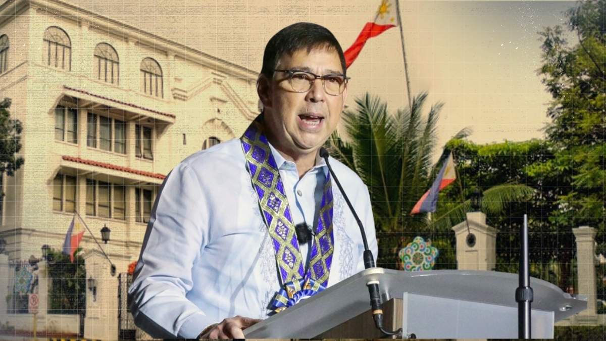 Executive Secretary Ralph Recto speaking at a podium with text overlay stating that the Philippines is facing a ₱200 billion budget shortfall.