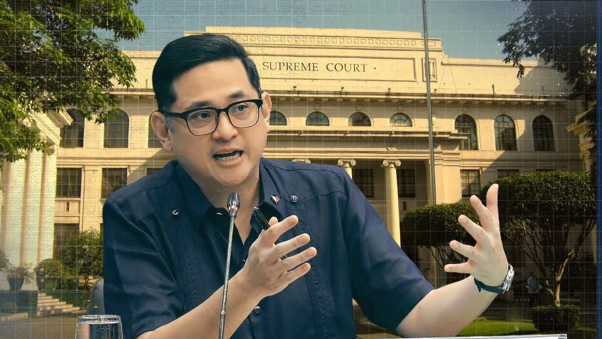 Image shows former Senator Bam Aquino speaking at a Senate hearing, with images of the Philippine Supreme Court building and the International Criminal Court in The Hague representing the debate over jurisdiction in EJK cases.