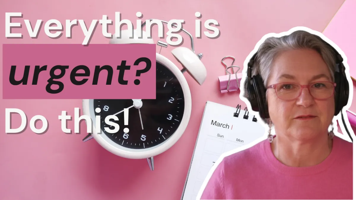 The Focus Coach for Business Owners, Cordes Lindow in a professional setting with overlay text: "Everything is Urgent? Do This." and a visual representing a 60-minute Power Hour clock.