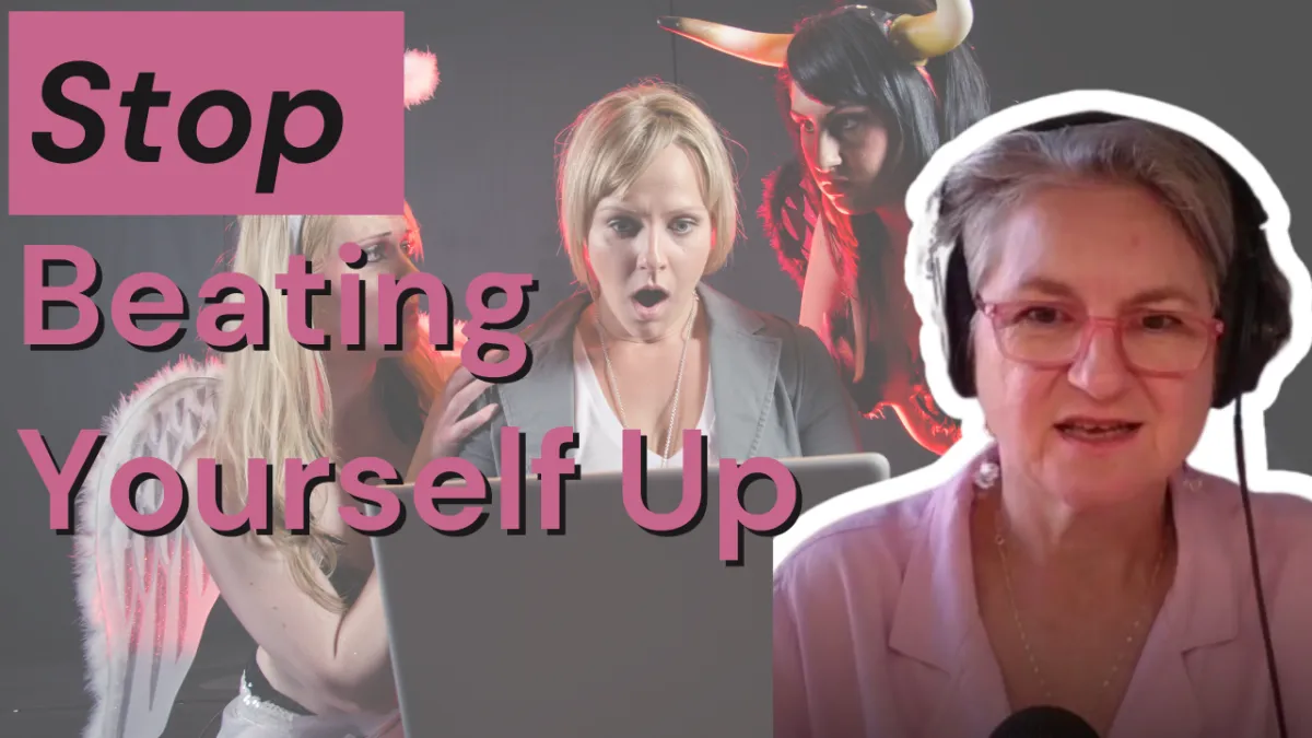  Mastering Business Flow Episode 15 podcast thumbnail. The image features the text "Stop Beating Yourself Up" and illustrates the concept of using self-compassion as a business strategy to overcome failure and build resilience, contrasting it against the damaging effects of self-criticism.