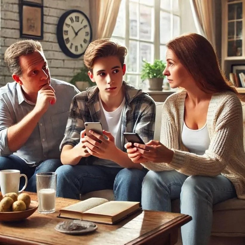Family Talking to Teen Boy on Phone