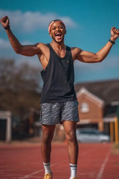Joyful athlete celebrating on the track, demonstrating how positive self-talk, motivational cues, and mental confidence lead to peak performance and success.