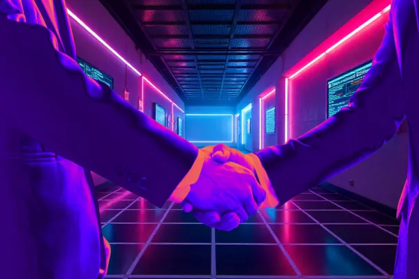 Digital illustration showing MSP and MSSP professionals collaborating through cloud-based partner marketing platforms, symbolizing the evolution of channel partnerships from 2020 to 2025.