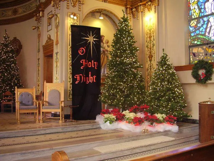 Church holiday lighting display illuminating the altar and sanctuary with radiant warmth and Christmas cheer today.