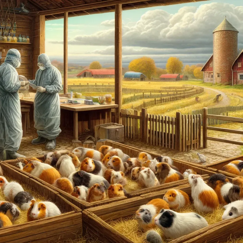 An illustration depicting guinea pigs on a farm affected by a virus outbreak