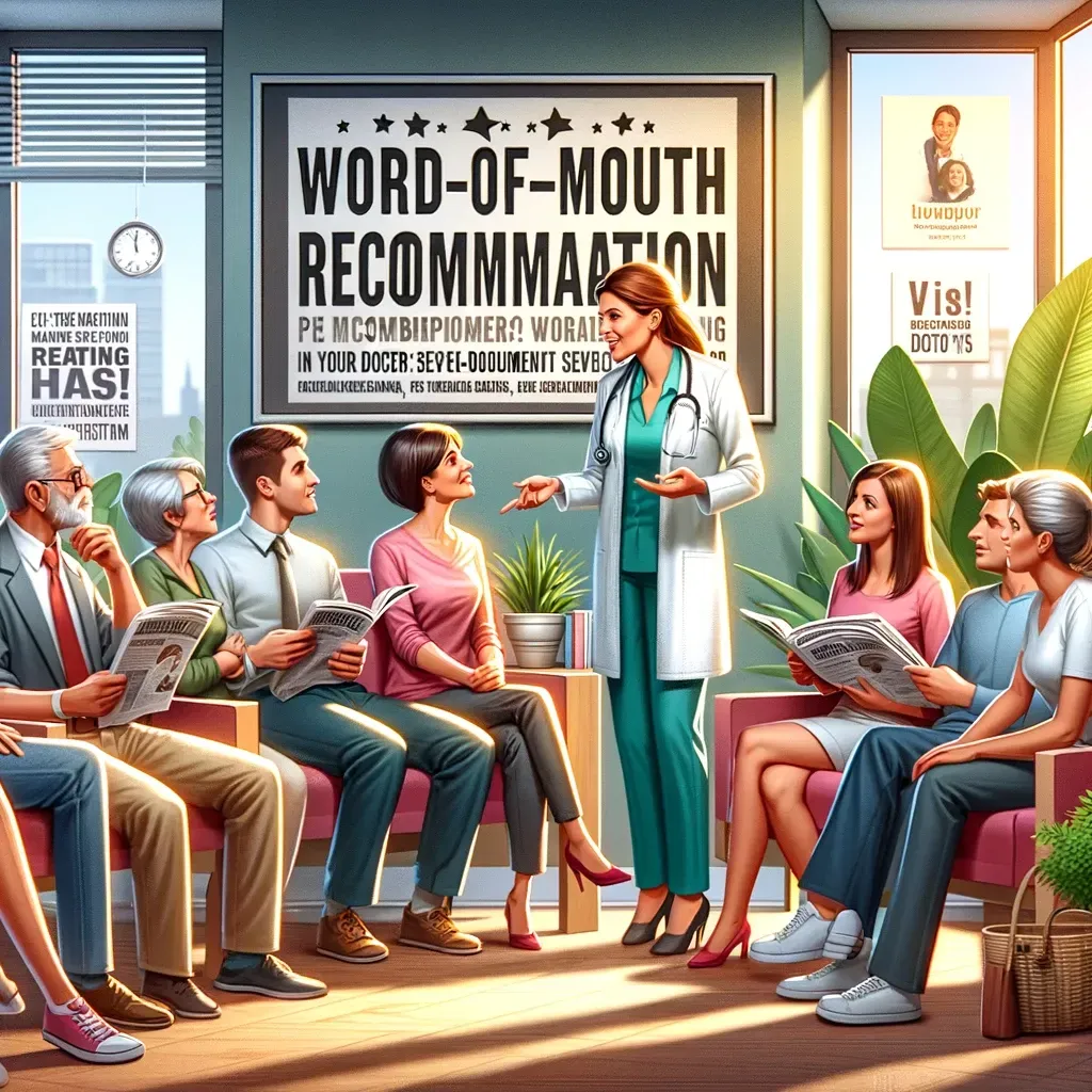 Illustration of people conversing in a waiting room, exchanging recommendations and experiences