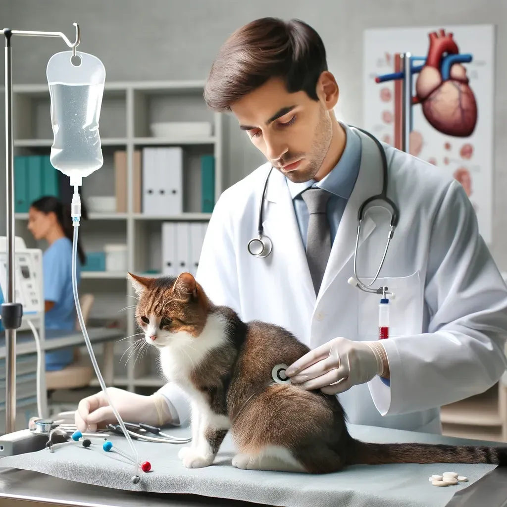 An illustration depicting a cat with kidney failure, surrounded by medical symbols representing causes