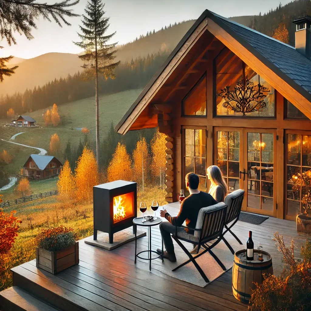 2 people enjoying mountain views by outdoor fireplace
