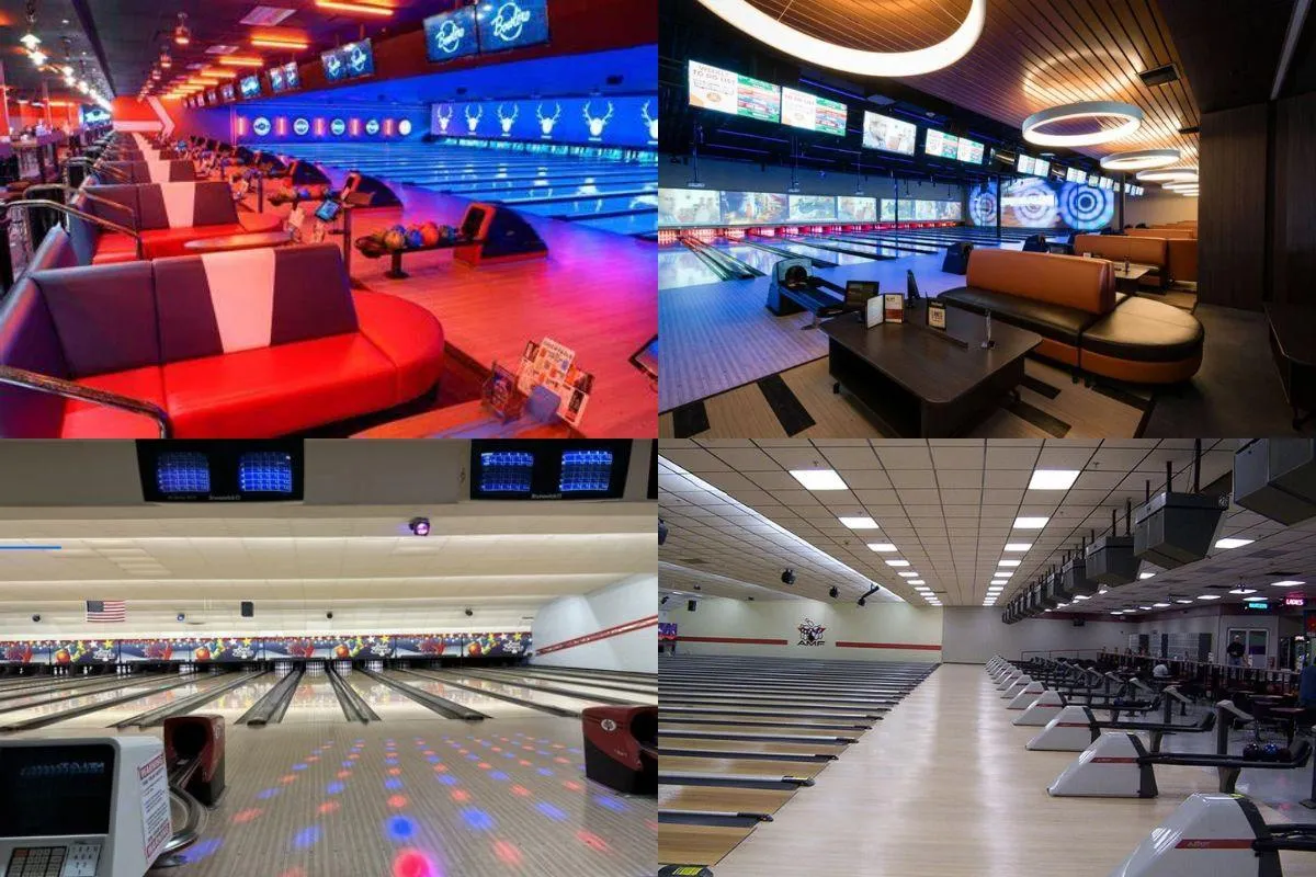 4 image collage of bowling alleys