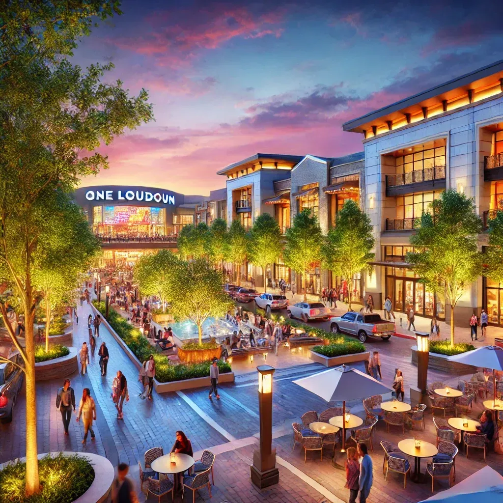 A lively evening scene at One Loudoun, Ashburn, Virginia, showcasing a vibrant shopping and dining plaza with modern architecture, illuminated walkways, and a bustling social atmosphere under a colorful sunset.