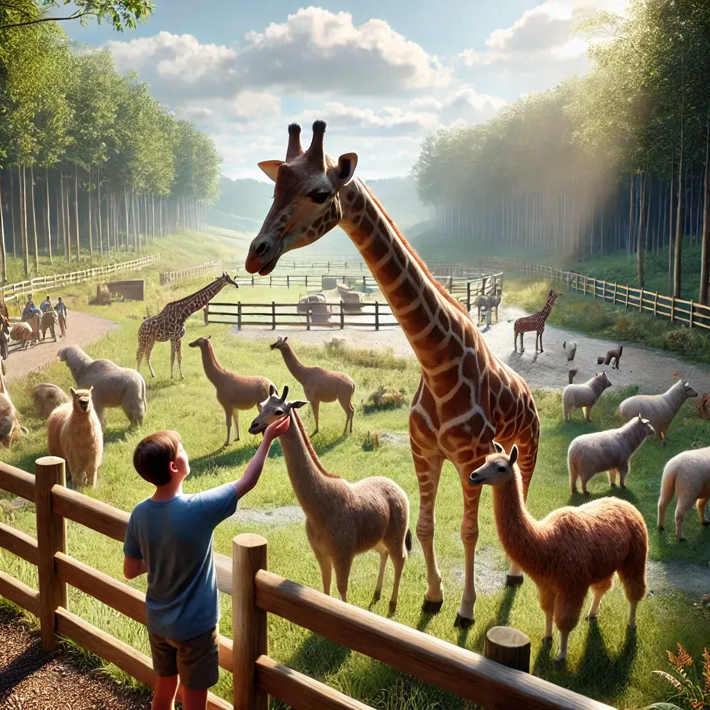 A young person feeds a giraffe in an open animal park surrounded by llamas, deer, and sheep under a bright sky.