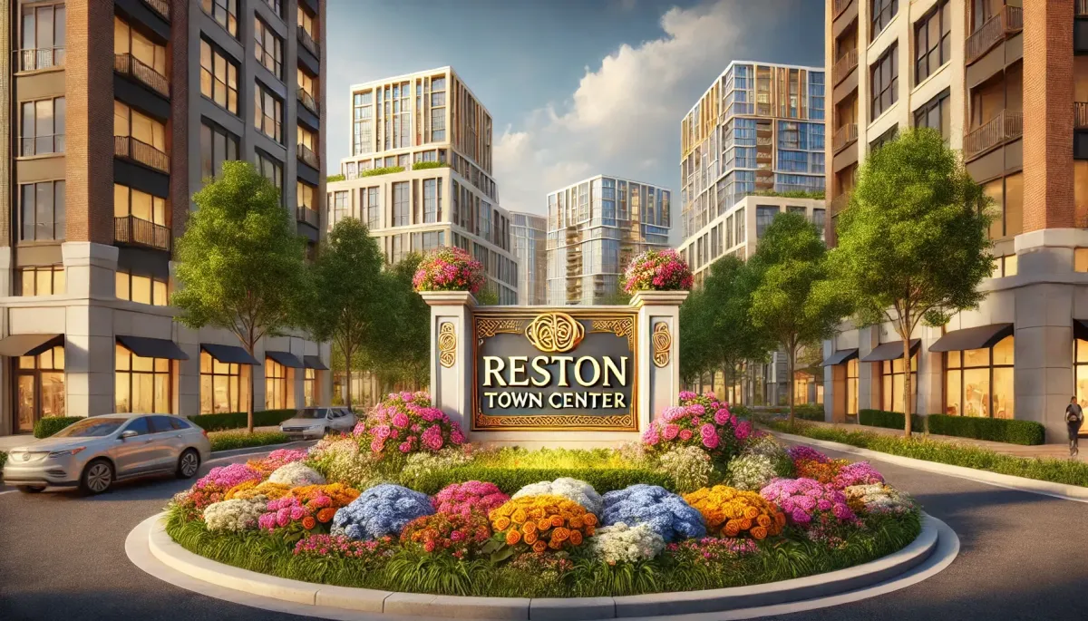The image showcases the entrance to Reston Town Center with a grand sign featuring gold lettering, surrounded by vibrant flowers, lush greenery, and modern high-rise buildings, creating an inviting and well-maintained urban atmosphere.