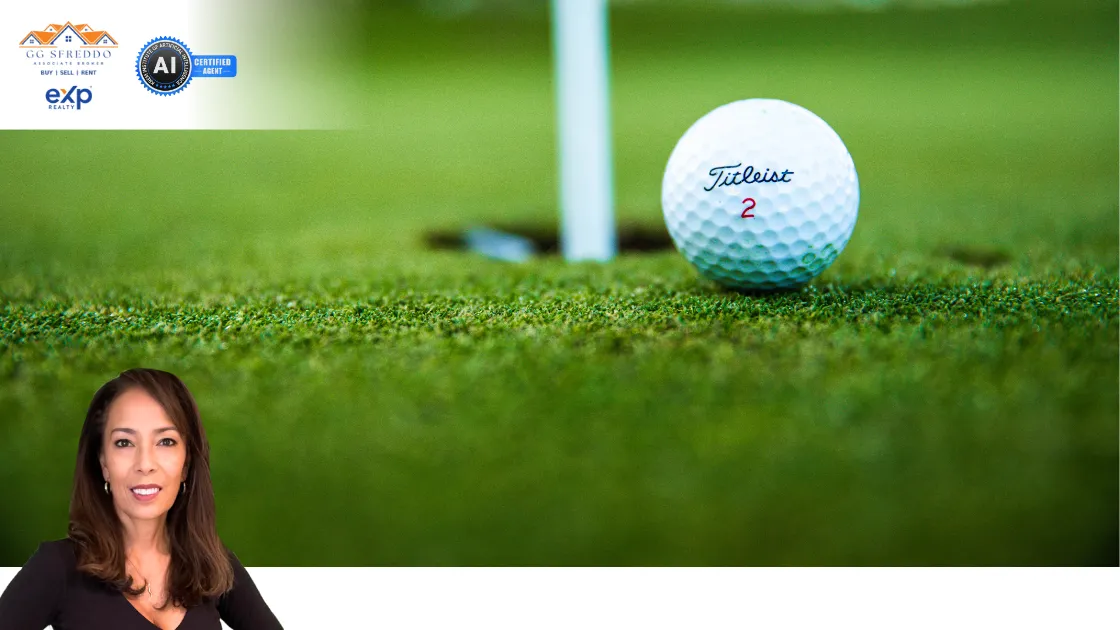 A professional real estate-themed graphic features GG Sfreddo, her credentials, and a close-up of a golf ball near the hole—highlighting Northern Virginia lifestyle and leisure.