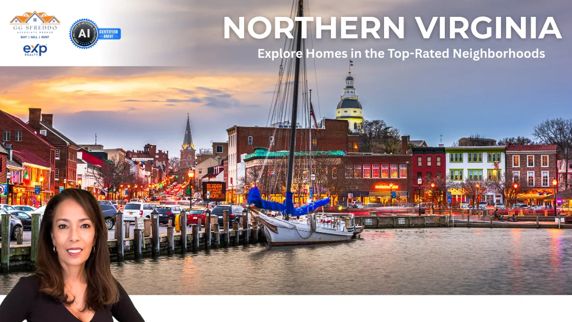 This promotional banner features GG Sfreddo alongside a vibrant waterfront evening scene in Northern Virginia, inviting viewers to explore homes in top-rated neighborhoods.