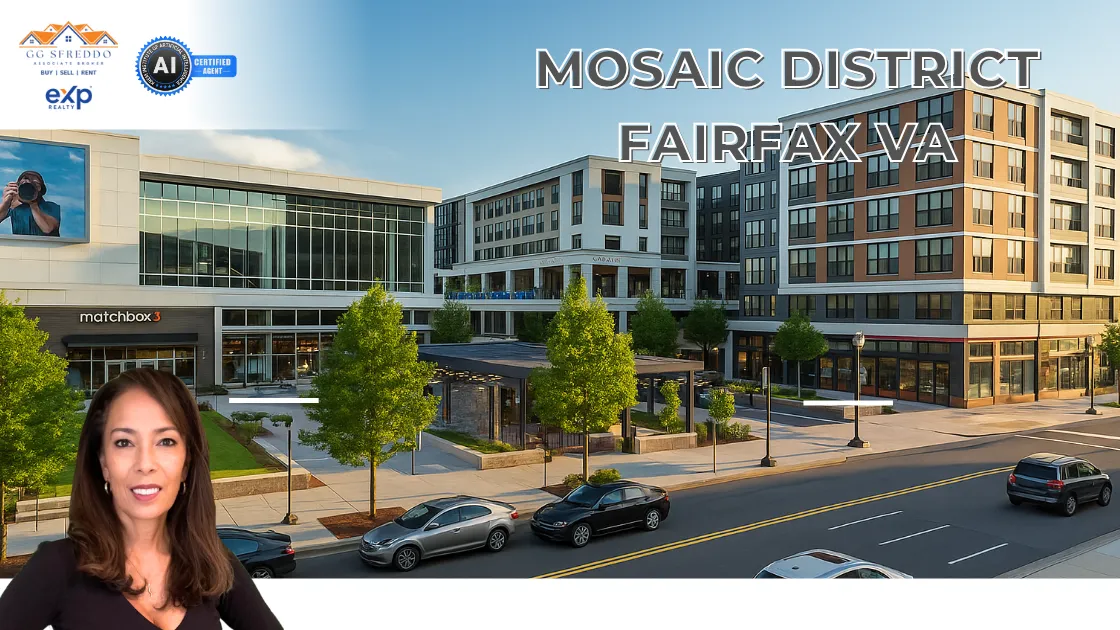 This promotional graphic highlights the Mosaic District in Fairfax, VA, featuring a sleek image of the urban center, bold text labeling the location, real estate branding logos, and a professional headshot of GG Sfreddo.